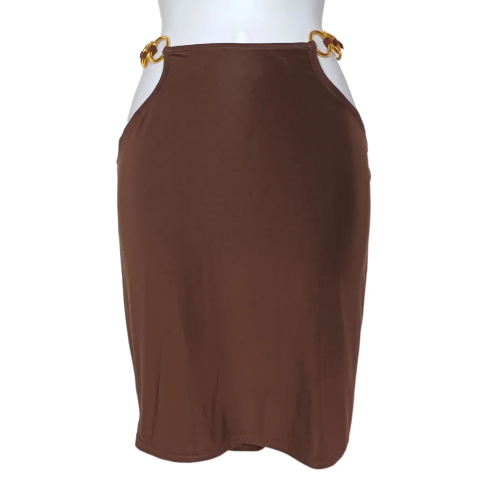PRETTY LITTLE THING Brown Slinky Gold Ring Cut Out Waist Mini Skirt 10 M NWT